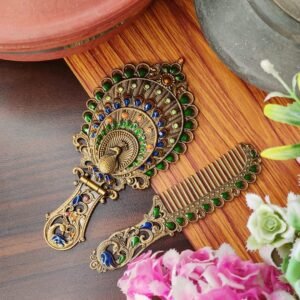 Metal Mirror & Comb Set Handcrafted Peacock Design | Decorative Tabletop Vanity Mirror with Frame | Oval Shape | Multicolour Finish
