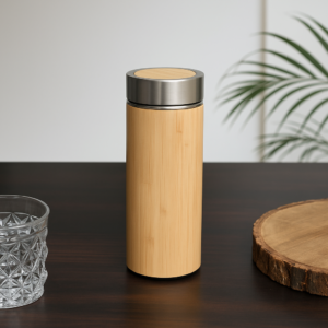 Eco-Friendly Bamboo Water Bottle | Stainless Steel Flask Thermos with Tea Strainer | Double Wall Vacuum Insulated | Hot & Cold | 450ml